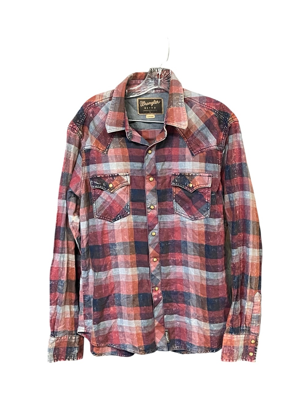 Wrangler Retro Western Snap Shirt Men L Red Blue Plaid Cotton Pearl Snap